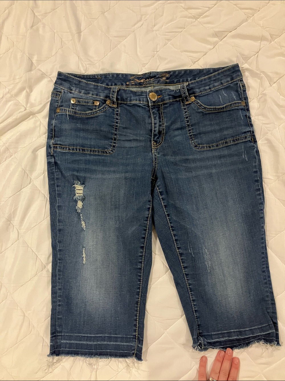 Seven7 Mid Blue Distressed Cropped Denim Jeans